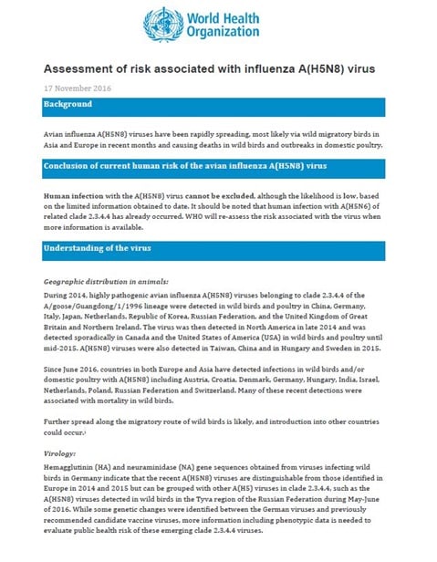 Assessment of risk associated with influenza A(H5N8) virus